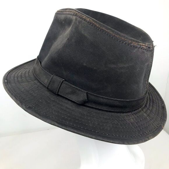 Outdoor Cap Dark Brown Waxed Indiana Jones Brimmed Fedora Hat - Picture 2 of 14